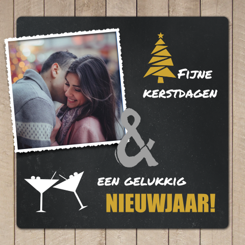 Stoere kerstkaart met houtachtergrond en icoontjes