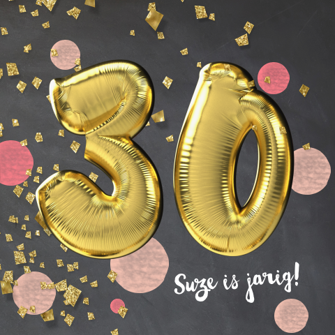 Originele uitnodiging 30 jaar met grote cijfers en roze confetti