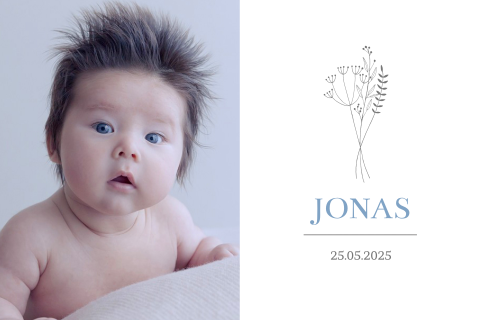Hip en simpel geboortekaartje voor jongetje met foto en boeket