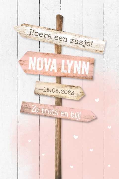 Stoer geboortekaartje voor een meisje met wegwijzer en ronde hoekjes