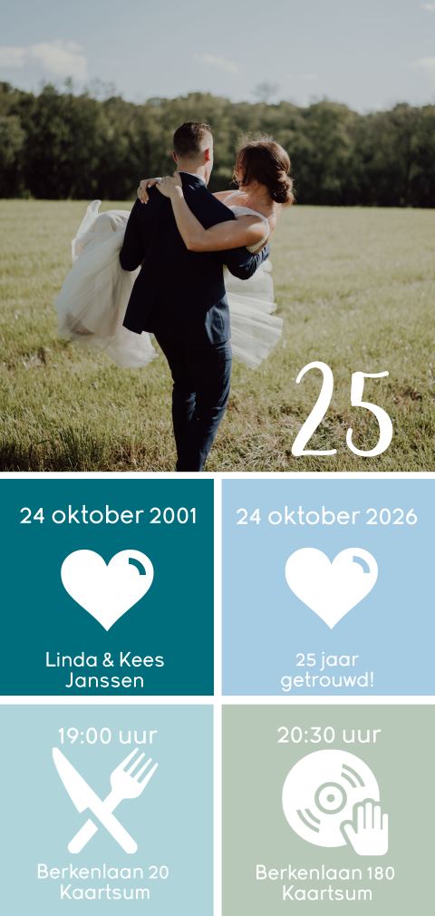 Moderne uitnodiging 25 jarig huwelijksfeest met foto en hippe symbolen