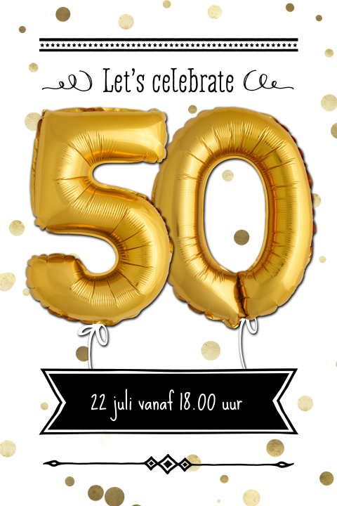 Uitnodiging 50ste verjaardag met gouden ballonnen en confetti