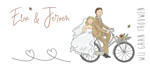 Trouwkaart met bruidspaar op fiets en hartjes