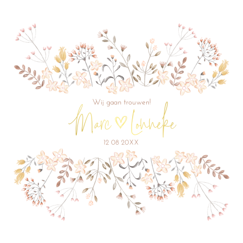 Goudfolie trouwkaart met waterverf bloemen in pastelkleuren