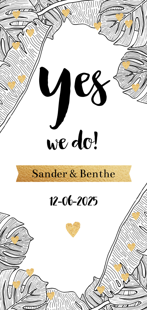 Stijlvolle trouwkaart met blaadjes en hartje