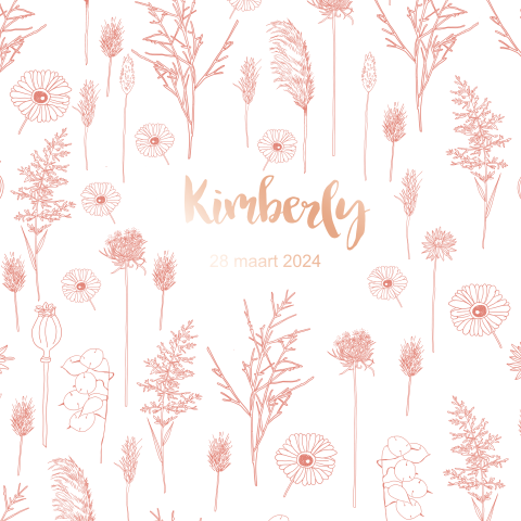 Trendy geboortekaart met droogbloemen en roségoudfolie