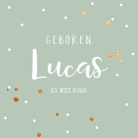 Hippe geboortekaart met gouden confetti op mintgroene achtergrond
