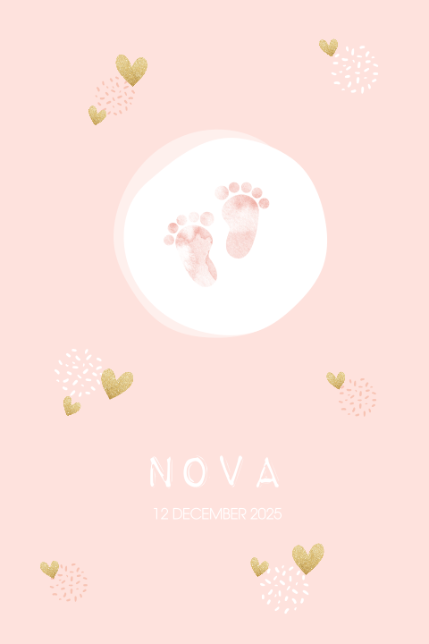 Schattig babykaartje met roze voetjes en gouden hartjes