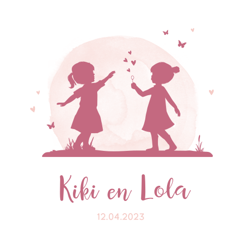 Lief geboortekaartje meisjestweeling met silhouetjes