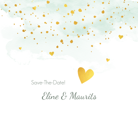 Save the Date kaartje met goudkleurige confetti en waterverf