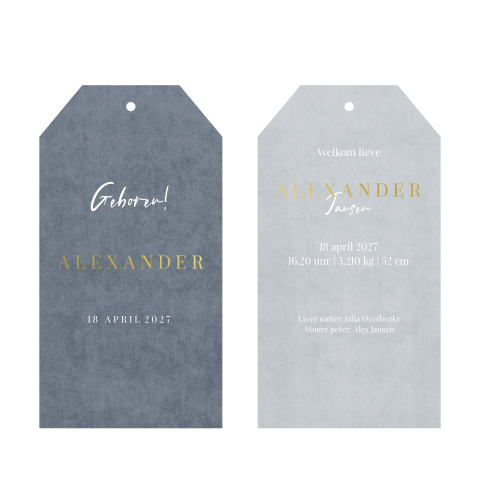 Label geboortekaart met goudfolie en velvet achtergrond