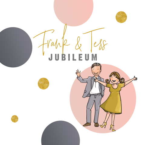 Vrolijke jubileumkaart met stel in hippe kleuren