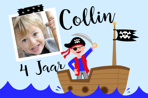 Stoere uitnodiging kinderfeestje 4e verjaardag jongen met piraat