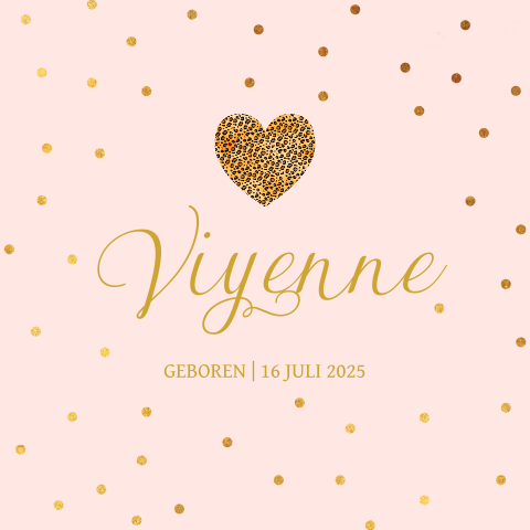 Geboortekaartje met leopard hartje en confetti