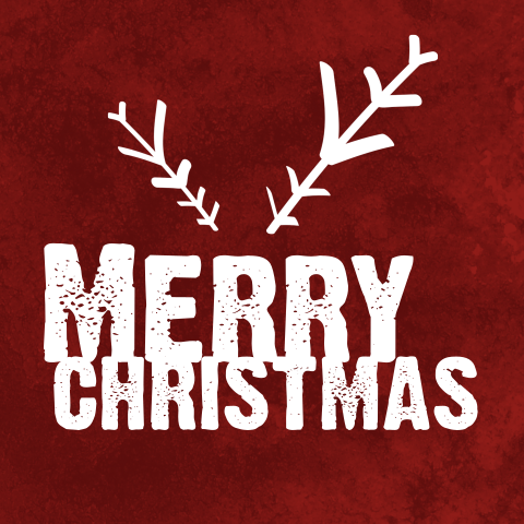 Kerstkaart met leuke typografie en rendier op rood