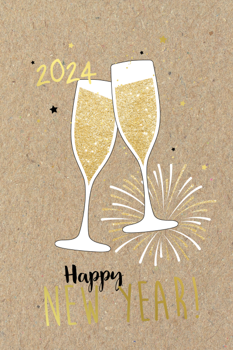 Happy new year kaart met champagne glazen en goudfolie