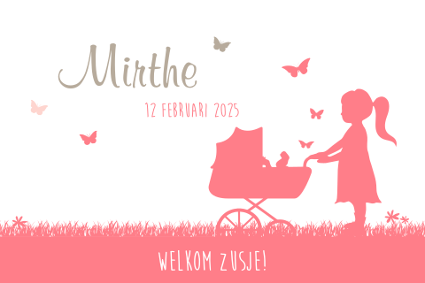 Lief geboortekaartje met silhouet van klein zusje in de kinderwagen