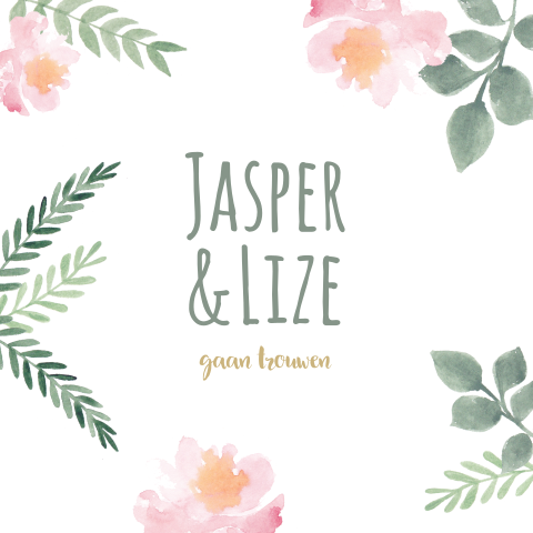 Boho trouwkaart met watercolortakjes en bloemen