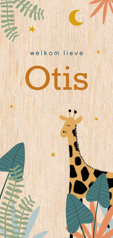 Vrolijk geboortekaartje met giraffe in junglethema op echt hout