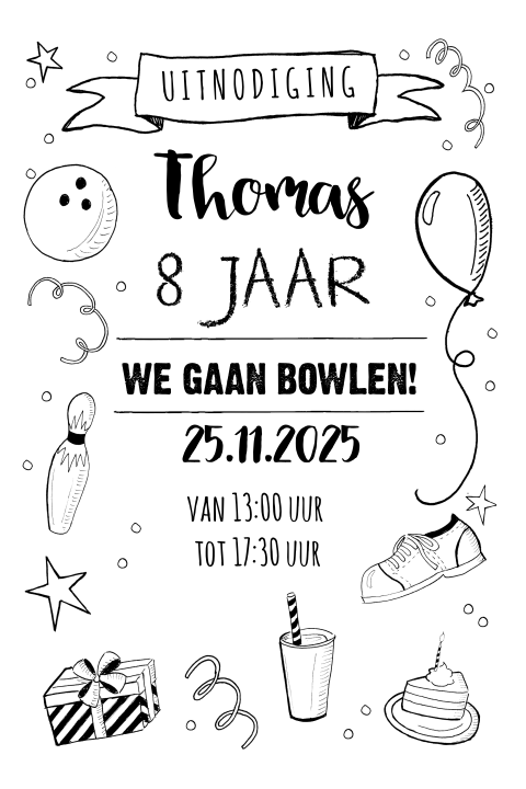Stoere uitnodiging voor een bowlingfeestje in zwartwit