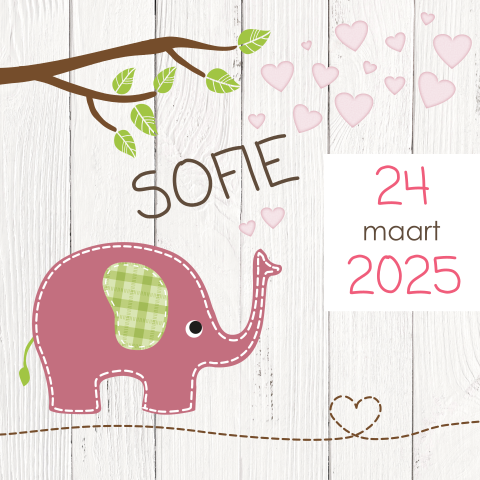 Vrolijk geboortekaartje met olifant en hartjes