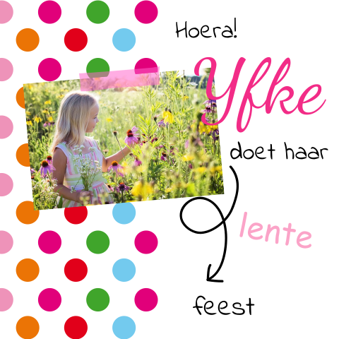 Uitnodigingskaart voor een lentefeest met stippen en foto