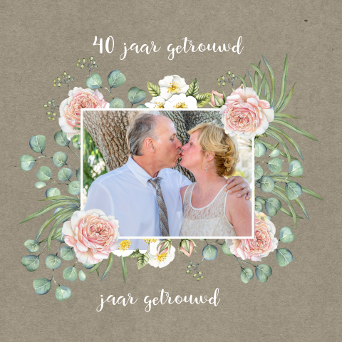 Botanische uitnodiging 40 jarig huwelijksjubileum met bloemen en foto