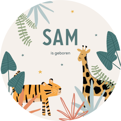 Rond geboortekaartje voor een jongen met tijger en giraffe