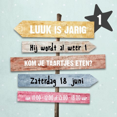 Uitnodiging verjaardag 1 jaar met kleurrijke wegwijzer
