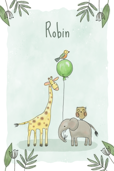 Schattig babykaartje in thema jungle met ballon en takjes