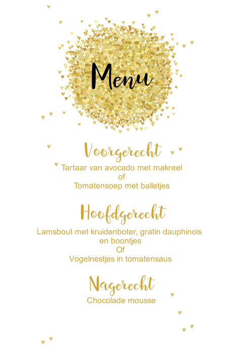 Menukaart voor communie met rondje van hartjes