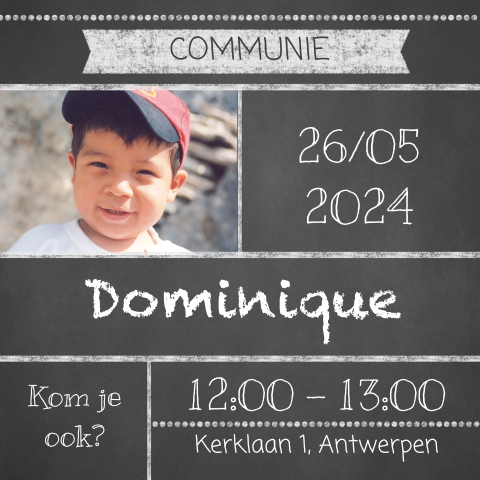 Communiekaart met krijtbord en foto