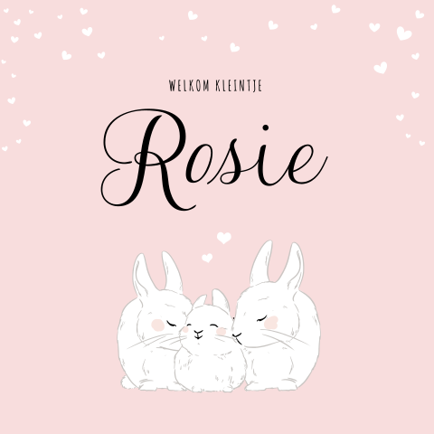 Lief geboortekaartje met konijntjes en hartjes
