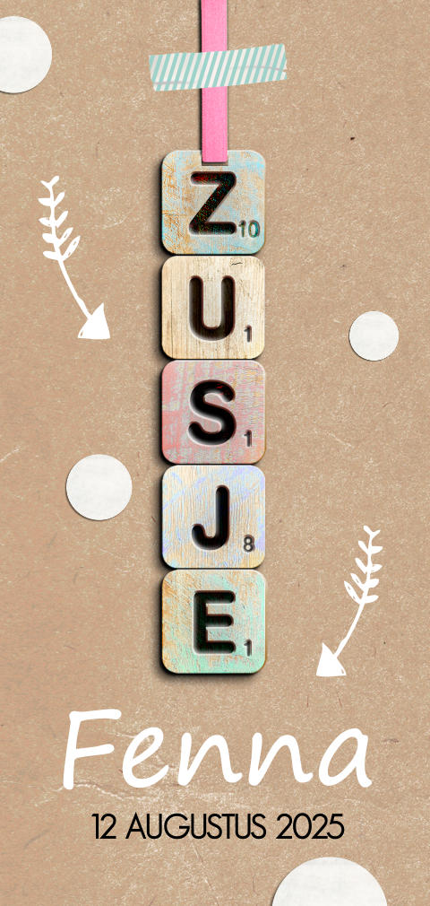 Stoer geboortekaartje met scrabbel letters voor zusje