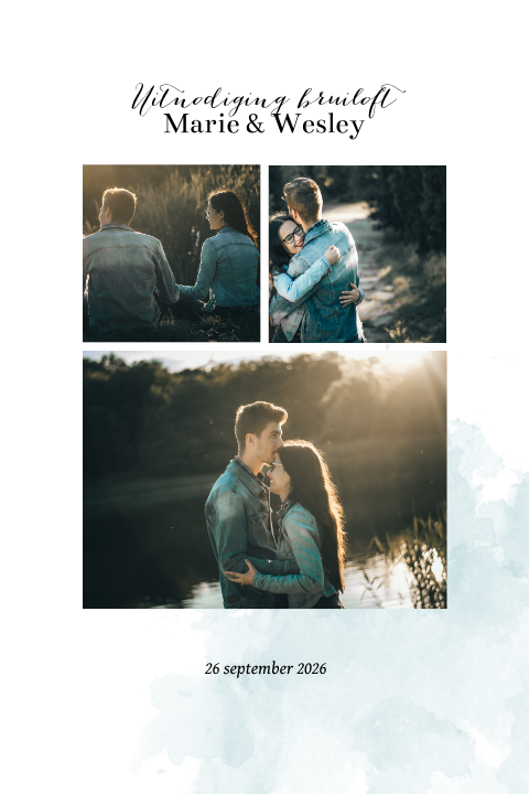 Stijlvolle trouwkaart met blauwe watercolor en foto's