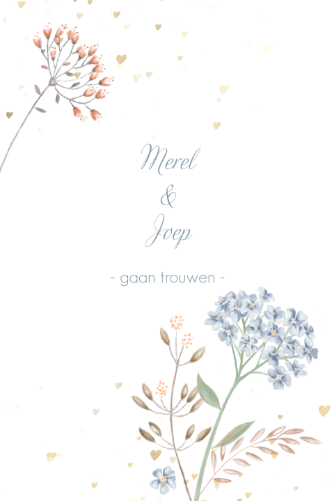 Botanische trouwkaart met hartjes, takjes en hortensia