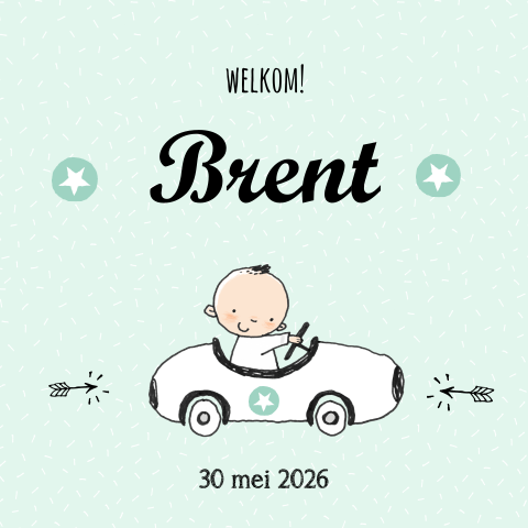 Lief geboortekaartje voor jongen met tekening baby in race auto