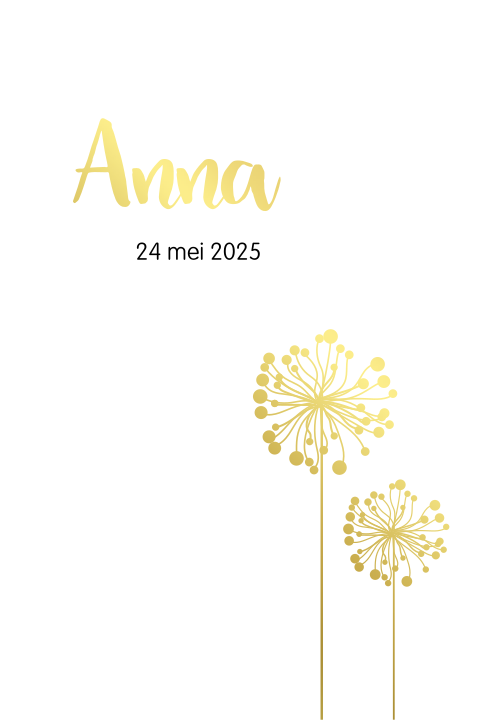 Hippe goudfolie geboortekaart met paardenbloemen