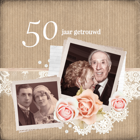 Romantische uitnodiging 50 jarig huwelijk met foto's, rozen en kant