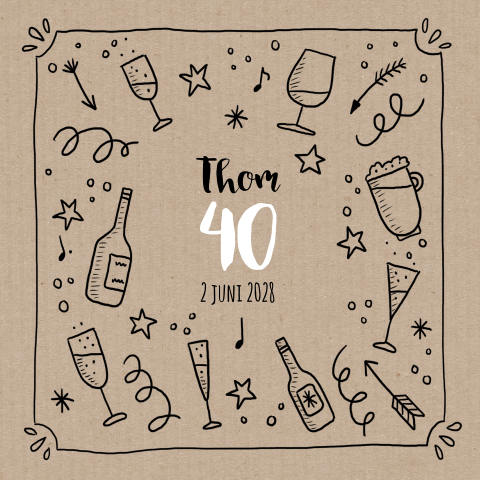 Hippe uitnodiging 25e verjaardag man met feestelijke illustraties