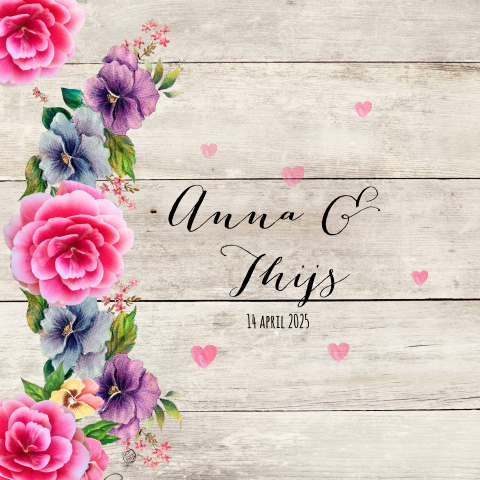 Romantische trouwkaart met bloemen en hout
