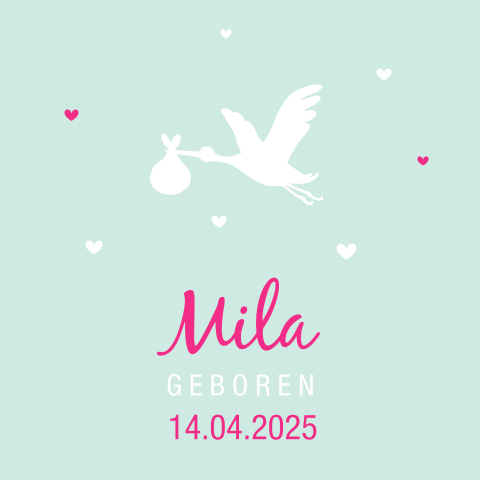 Gaaf geboortekaartje - Ooievaar op mintgroen