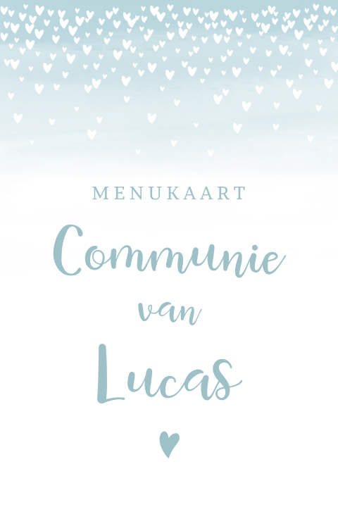 Menukaart voor communie met hartjes op blauwe waterverf