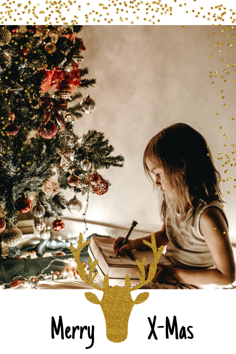 Hip kerstkaartje met goudkleurig rendier en glitter