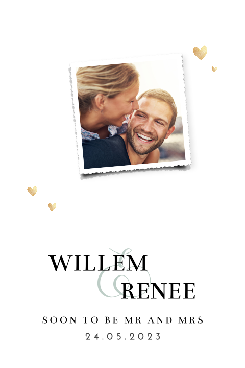 Stijlvolle trouwkaart met eucalyptus bladerkrans en foto