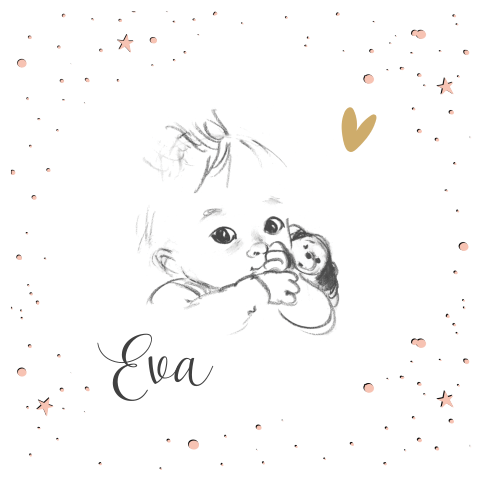 Babykaart met pentekening van een meisje op sterrenhemel