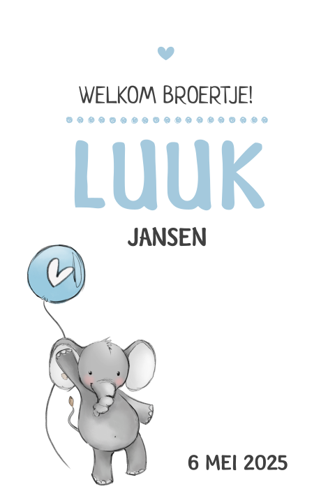 Lief geboortekaartje met olifantje en ballon