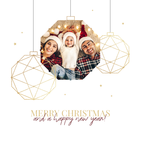 Kerstkaart met geometrische kerstballen en foto