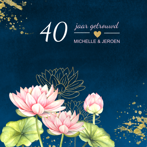 Stijlvolle uitnodiging 40 jarig huwelijk blauw met roze lotus bloem