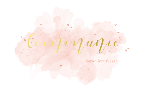 Goudfolie communie uitnodiging met watercolor en hartjes